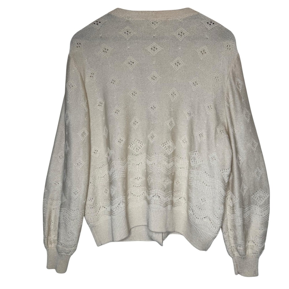 St. John Vintage Cardigan Balloon Sleeve Wool Blend Pointelle Knit Cream Large - Picture 3 of 10